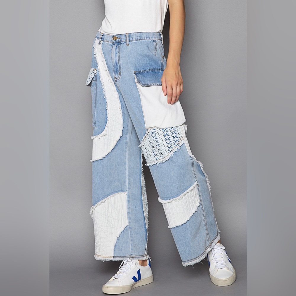 Wavy Pattern Crochet Detail Straight Denim Pants